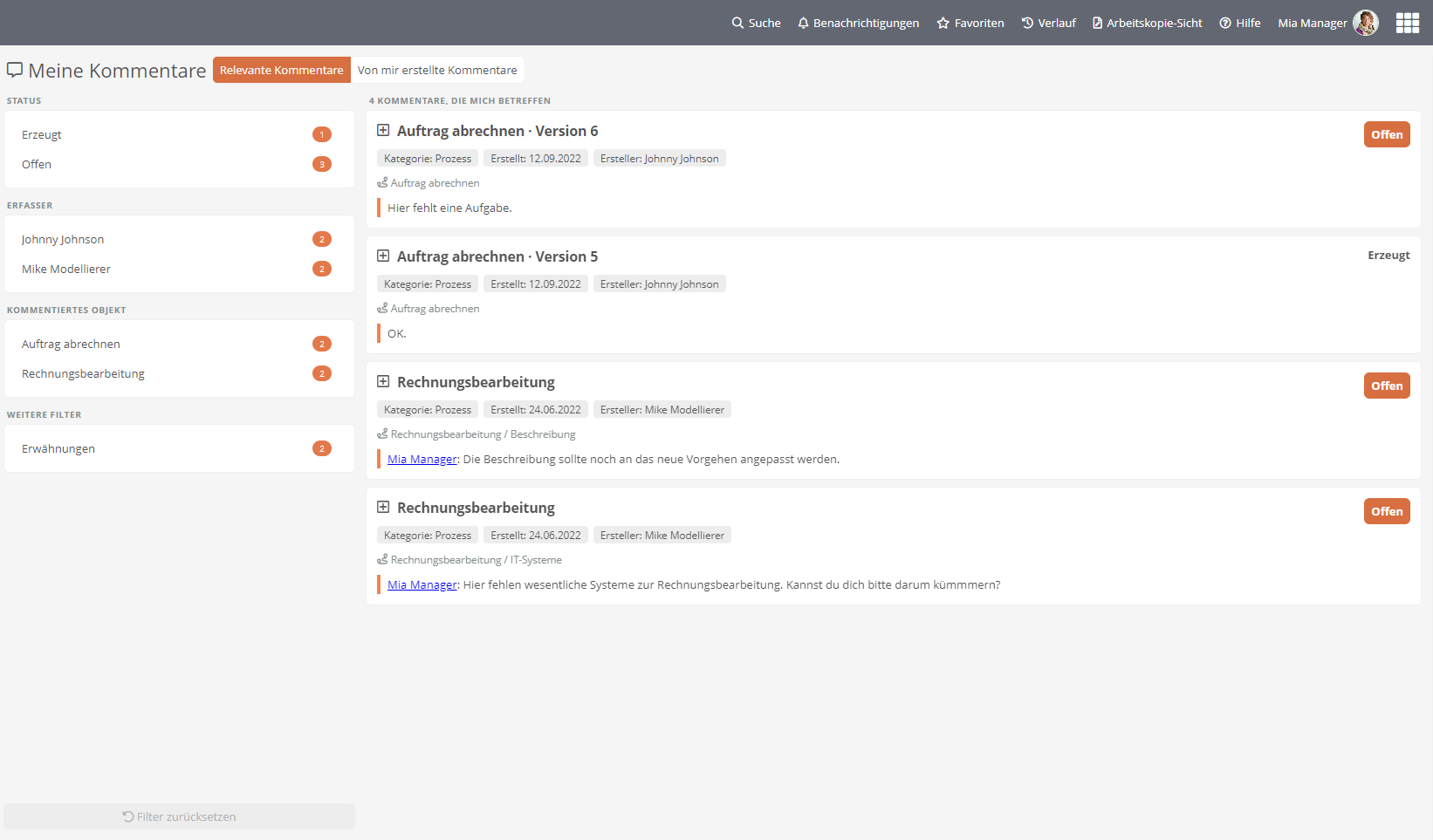Dashboard Meine Kommentare im Tab Relevante Kommentare Dashboard Meine Kommentare im Tab Relevante Kommentare